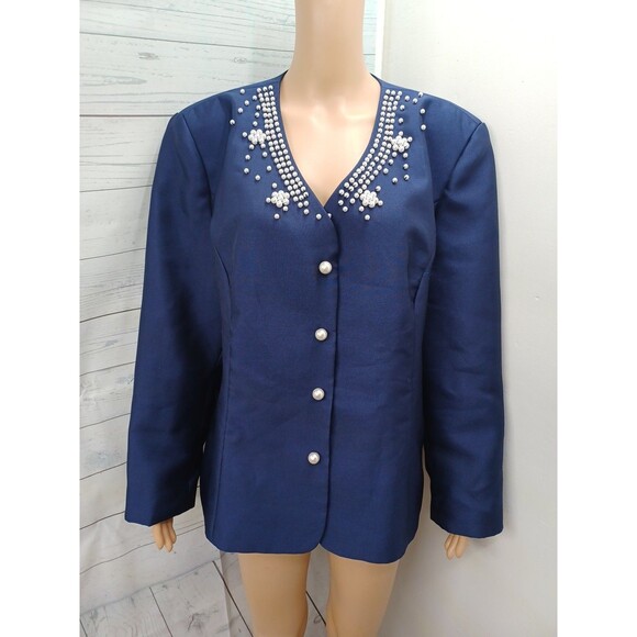 EY Boutique Blue Blazer Jacket Sz 20W Faux Pearls Beaded Embellished - Picture 1 of 9